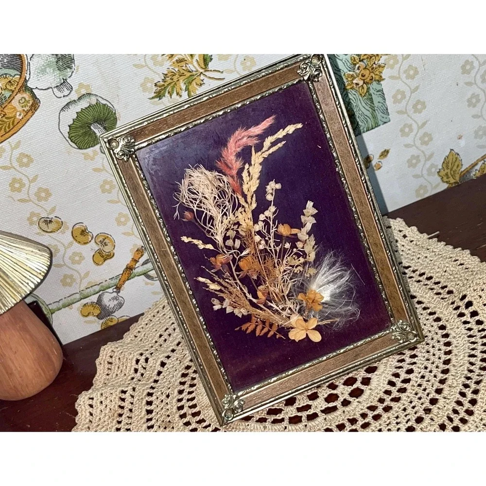 Vintage MCM Botanical Pressed Dried Flower Shadow Box Art Framed